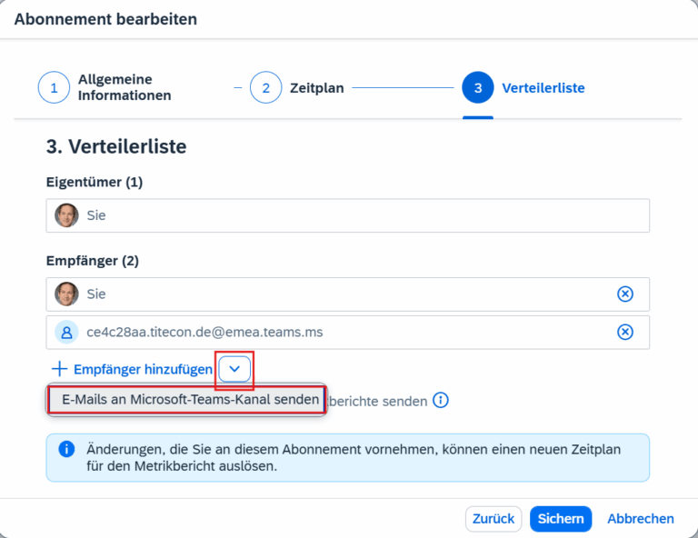 SAP Analytics Cloud Q2 Update 2026 - Meine Metriken - E-Mail an MS Teams Kanal senden - Hinzufügen